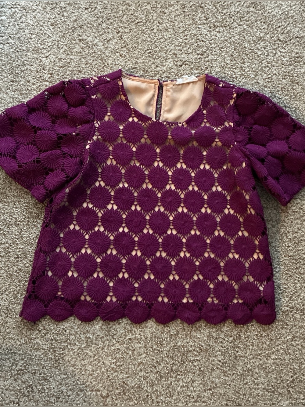 June Hudson Purple Circle Medallion Lace Blouse S Short Sleeve Scallop Boho Top